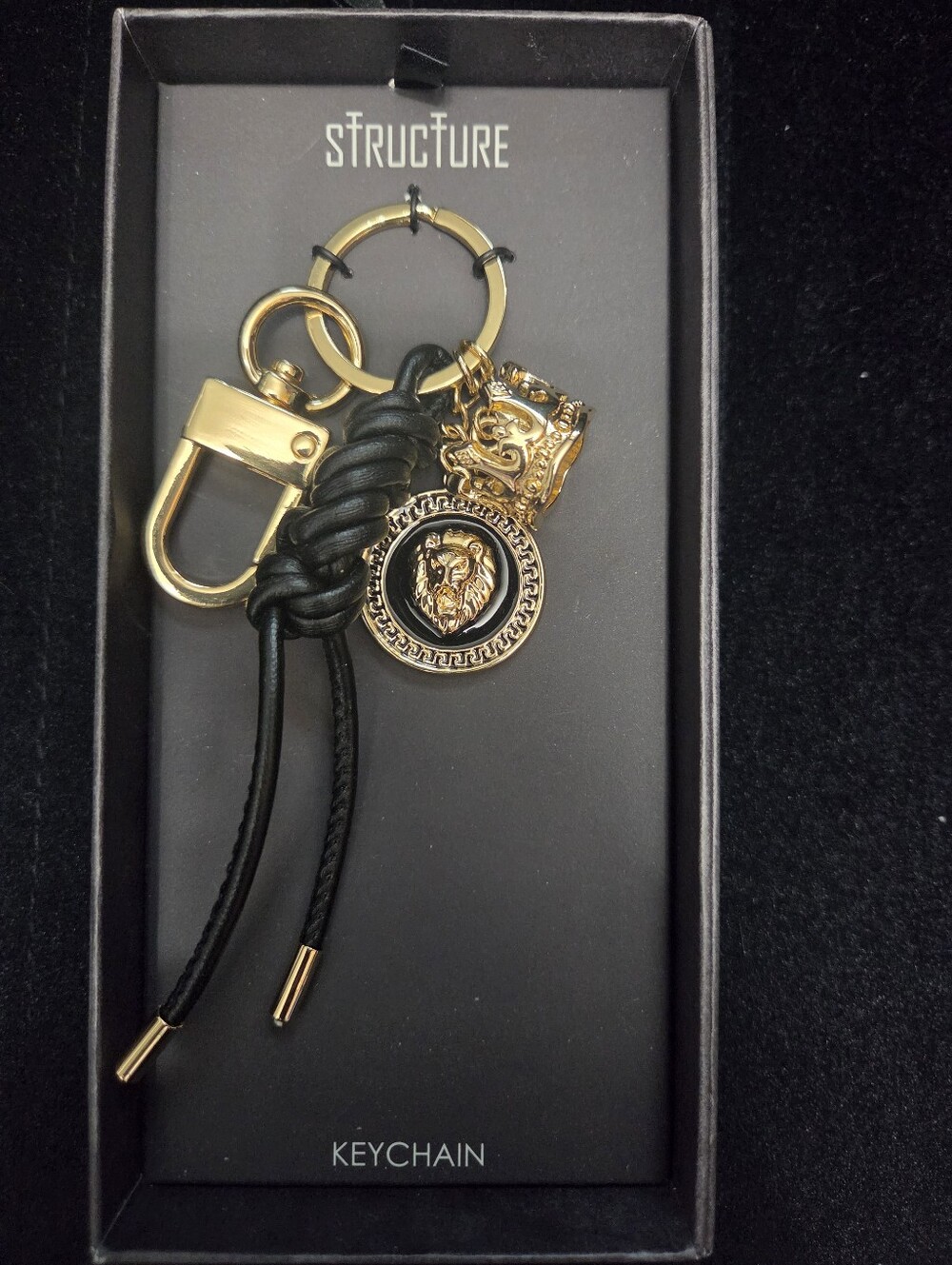Structure Black Braided Leather Keychain with Gold Lion & Crown Charms